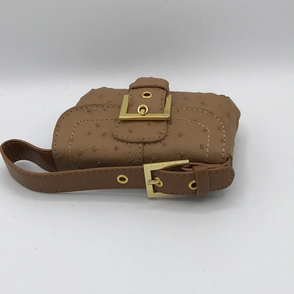Mini tan ostrich-pattern purse with gold trim